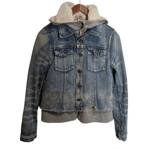 Free People Jean Jacket Womens Small Double Weave Denim Hooded Distressed Chewed
